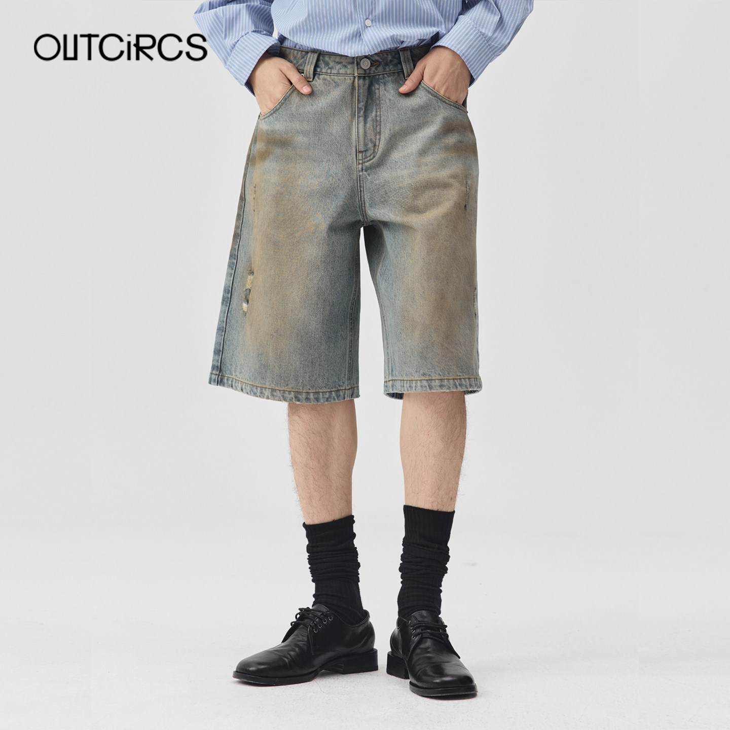 OUTCiRCS26SS男女同款脏洗牛仔短裤夏季新款做旧破洞短裤