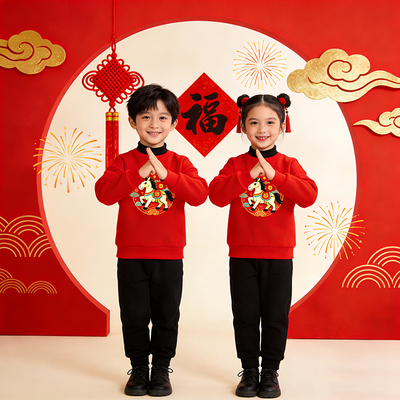 元旦春节红色加绒男女童演出服