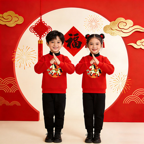 元旦春节红色加绒男女童演出服