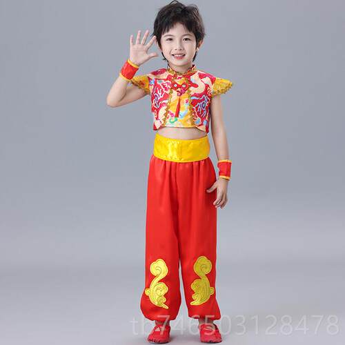 高档元旦童喜庆打鼓族服说唱中国红表舞演秧儿歌幼儿园蓬蓬裙民蹈