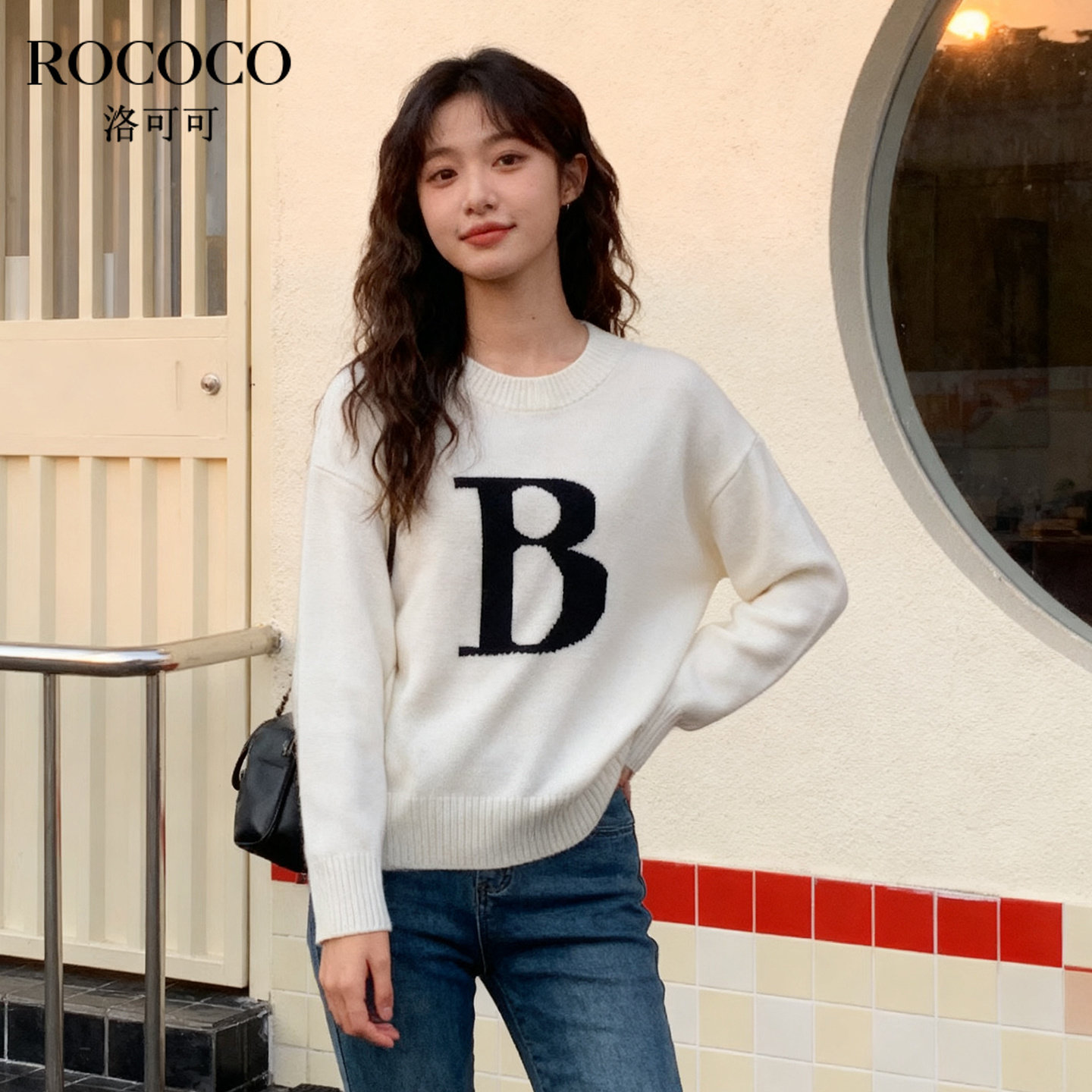 ROCOCO/洛可可2025秋冬新款字母毛衣刺绣圆领毛衣羊绒上衣女
