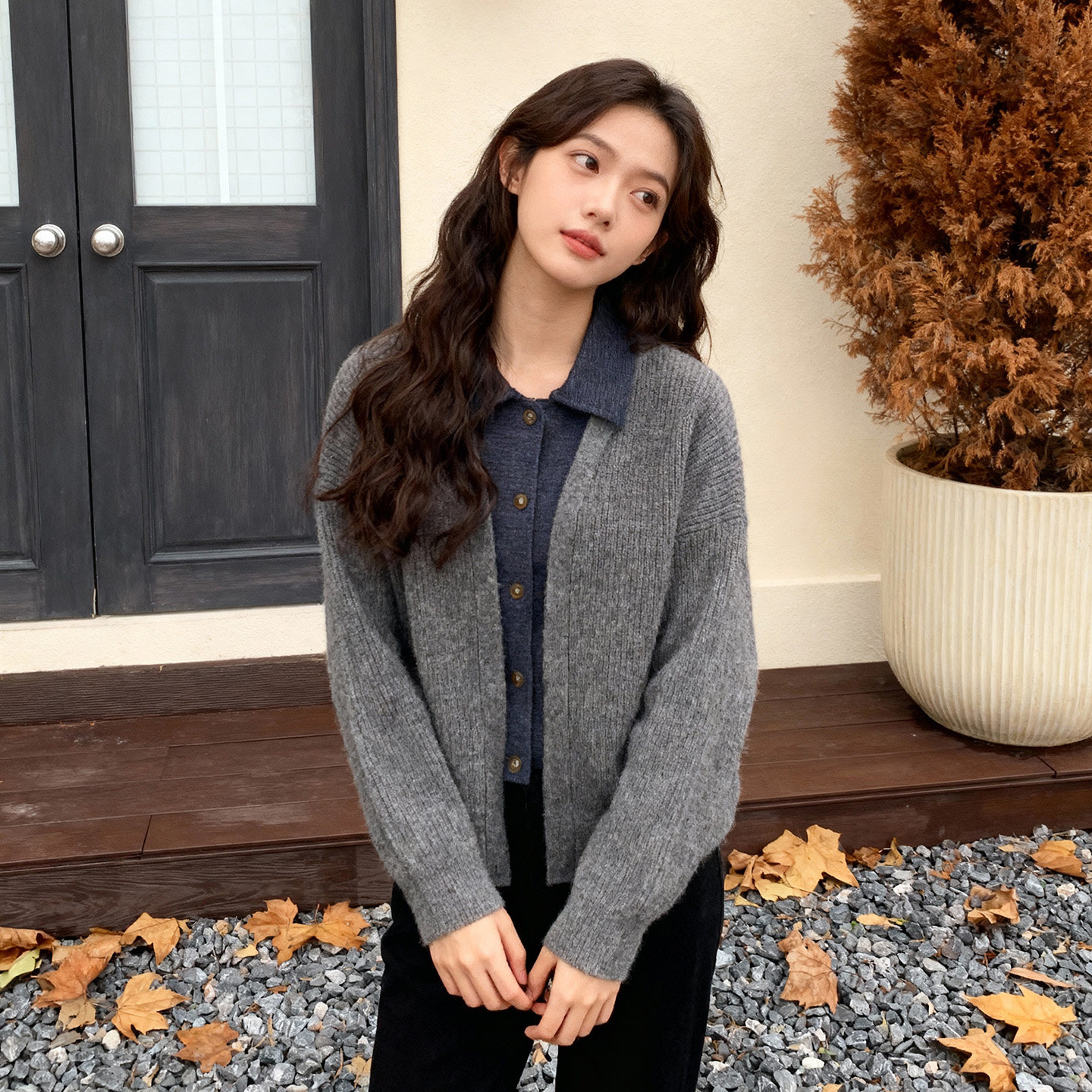 ROCOCO/洛可可假两件牛仔拼接开衫外套今年秋季气质翻领灰色毛衣