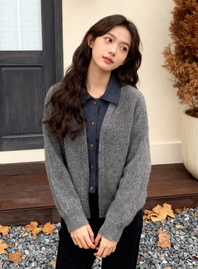 ROCOCO/洛可可假两件牛仔拼接开衫外套今年秋季气质翻领灰色毛衣