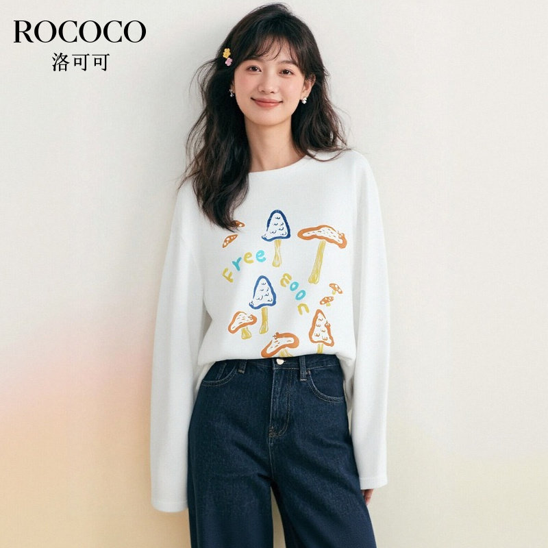 ROCOCO/洛可可童趣印花长袖T恤女秋季宽松显瘦百搭白色休闲上衣