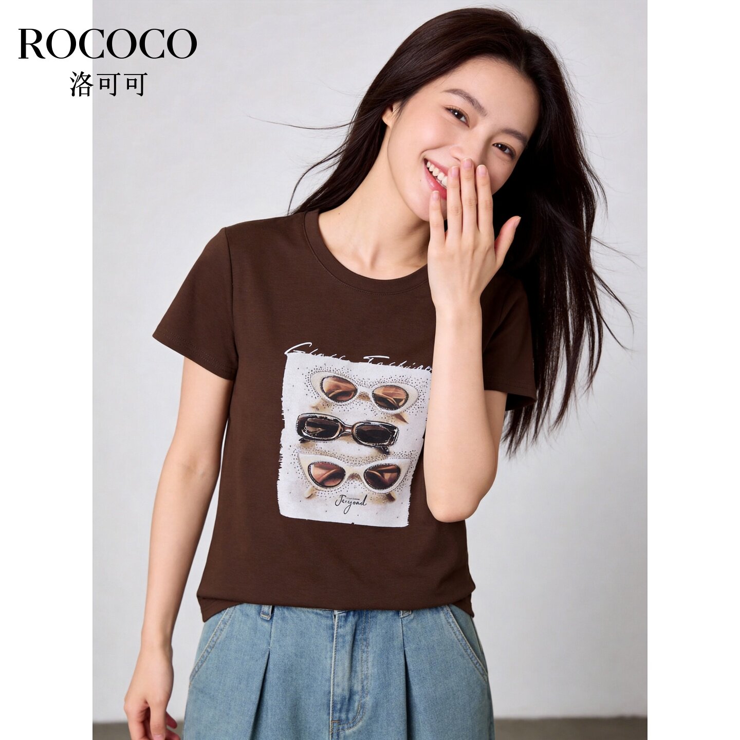 ROCOCO/洛可可烫钻墨镜印花T恤女短袖圆领白色百搭显瘦上衣