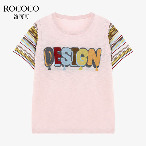 ROCOCO/洛可可设计感条纹字母针织衫女夏季宽松短袖小众上衣