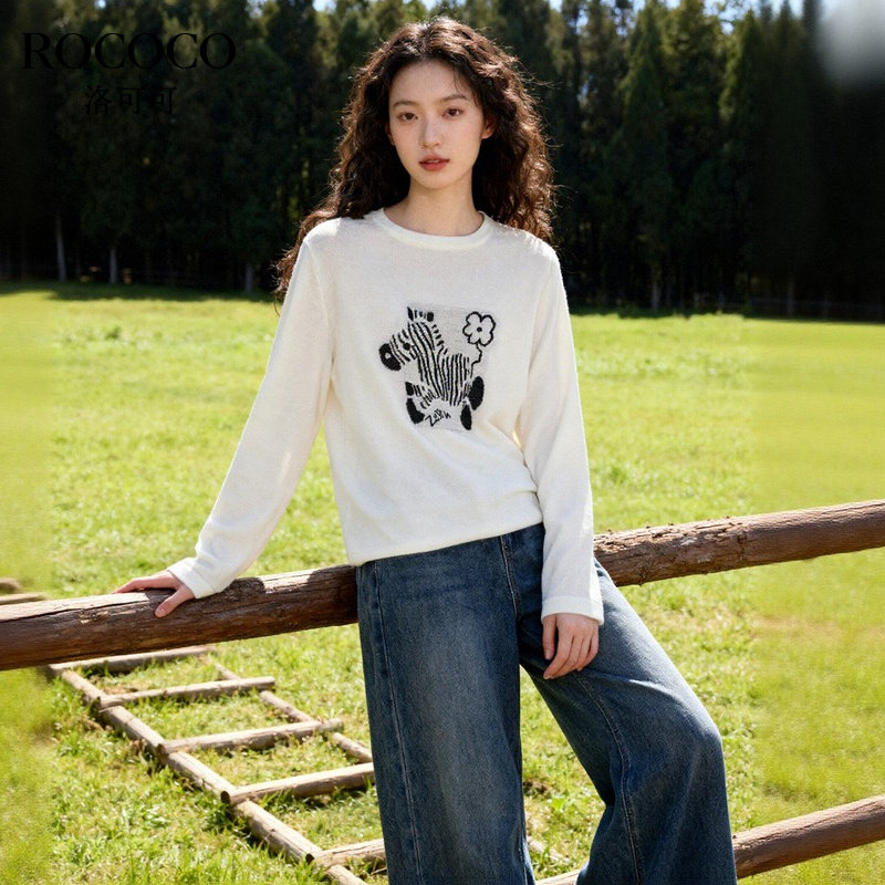 ROCOCO/洛可可动物刺绣针织衫秋季新款宽松休闲圆领套头长袖上衣
