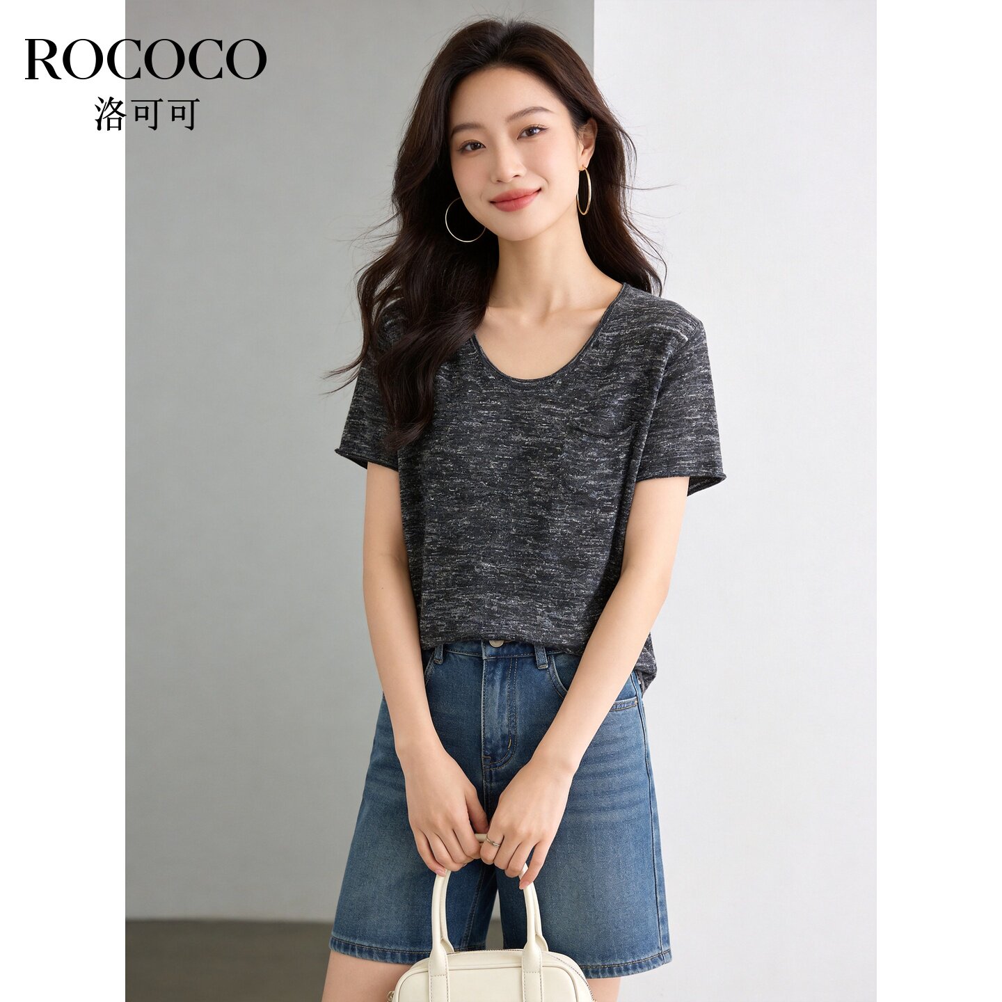 ROCOCO/洛可可黑灰简约V领短袖针织衫女夏季亚麻宽松基础T恤