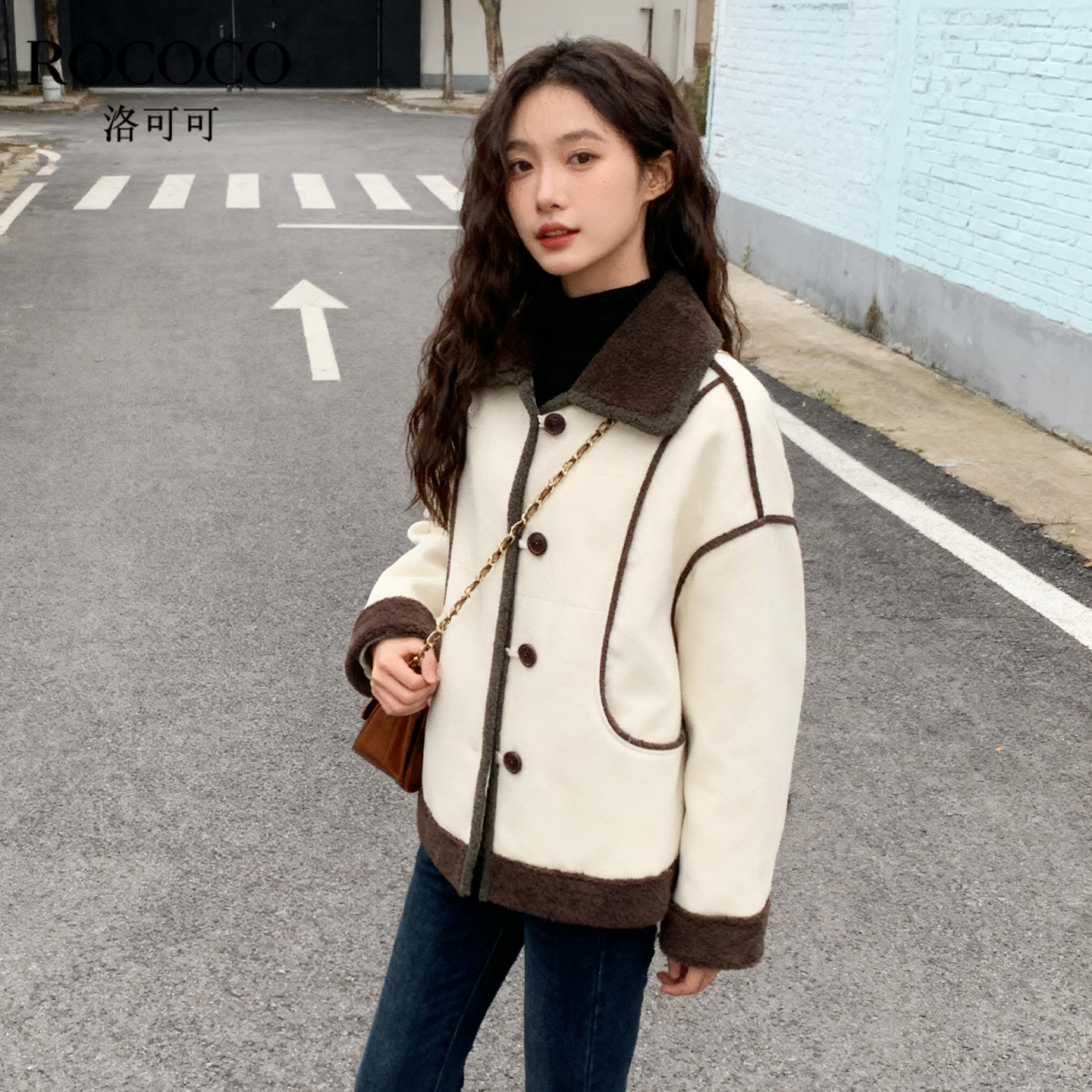 ROCOCO/洛可可2025新款韩版翻领皮毛一体外套女时尚撞色毛绒上衣