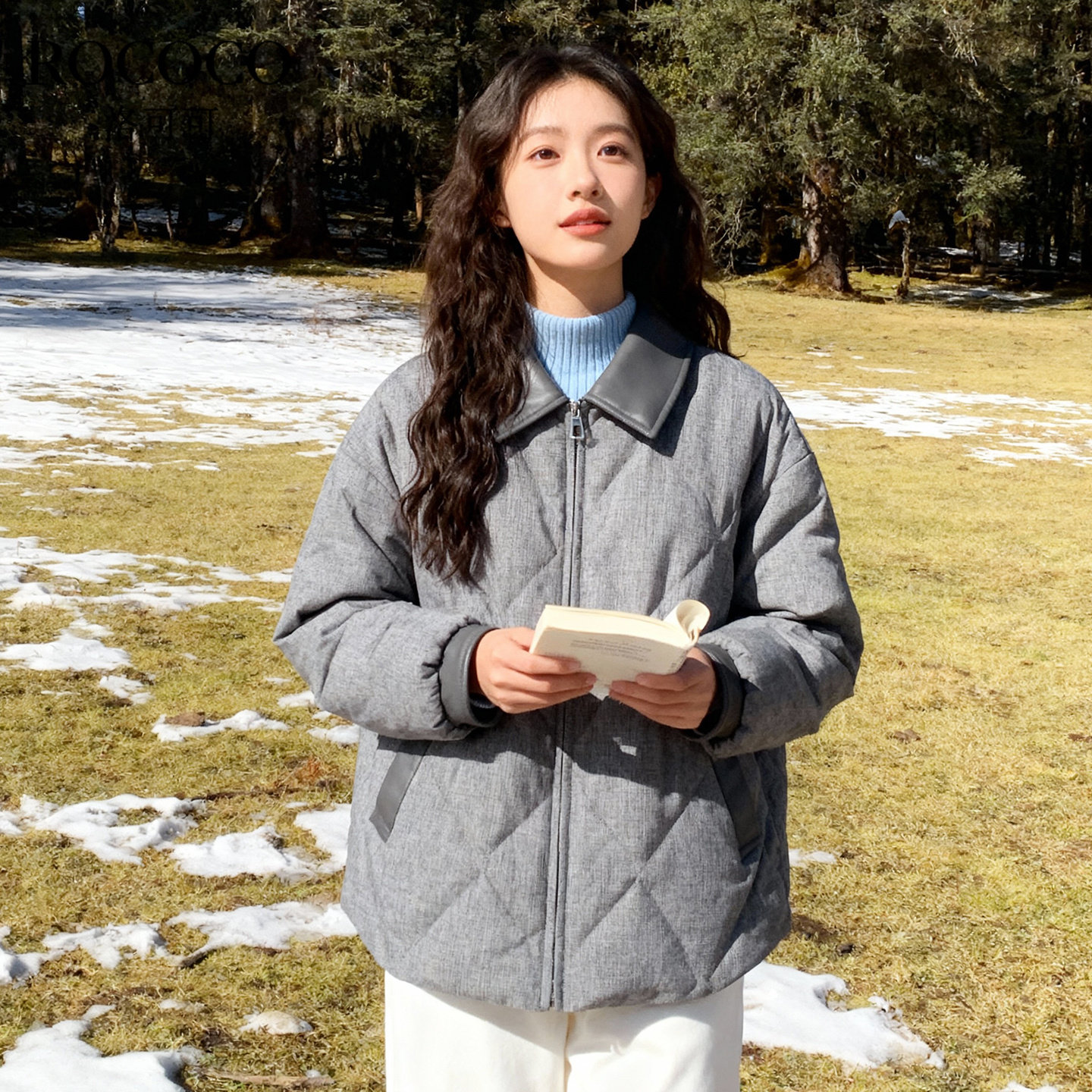 ROCOCO/洛可可2025PU领菱格夹棉加厚羽绒服女保暖百搭小个子外套