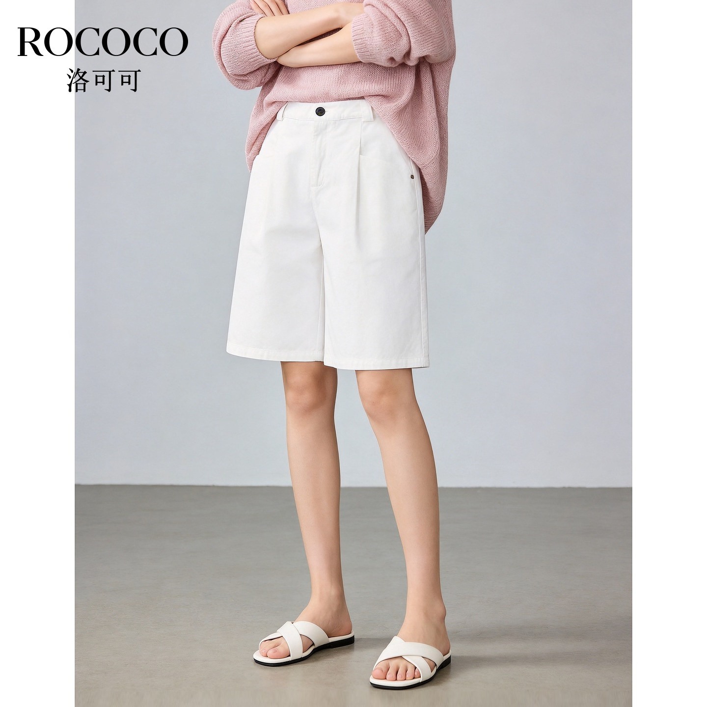 ROCOCO/洛可可高腰白色休闲短裤女2026夏新款纯棉简约五分裤