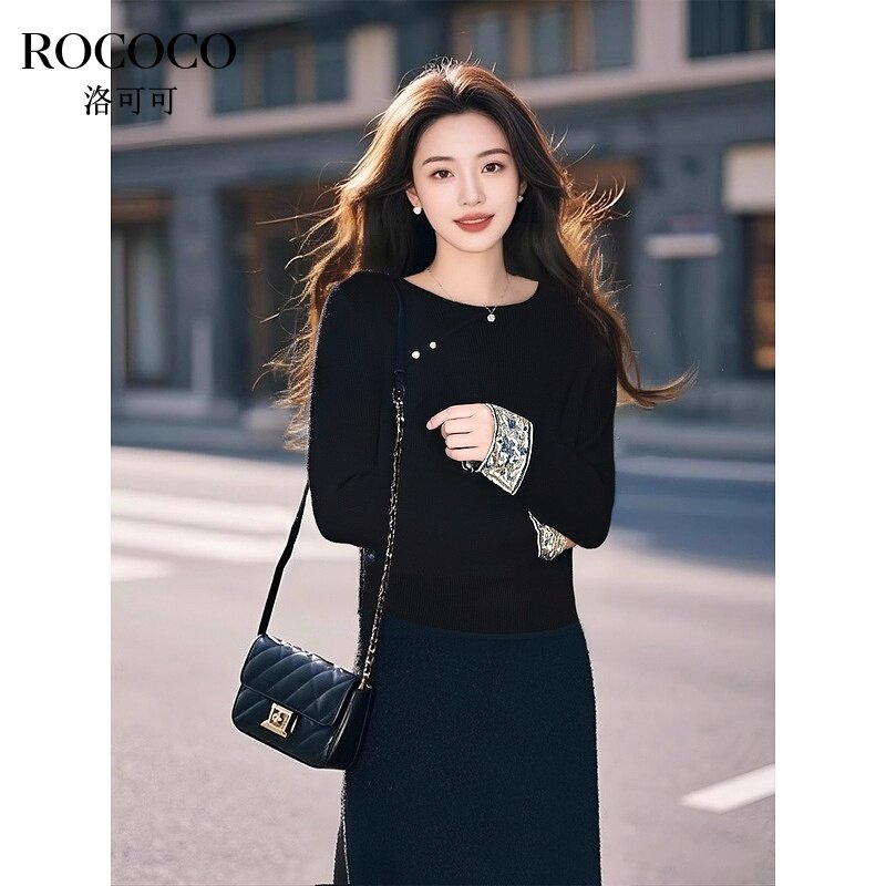 ROCOCO/洛可可新中式刺绣针织衫女2026早春新款珍珠圆领长袖上衣
