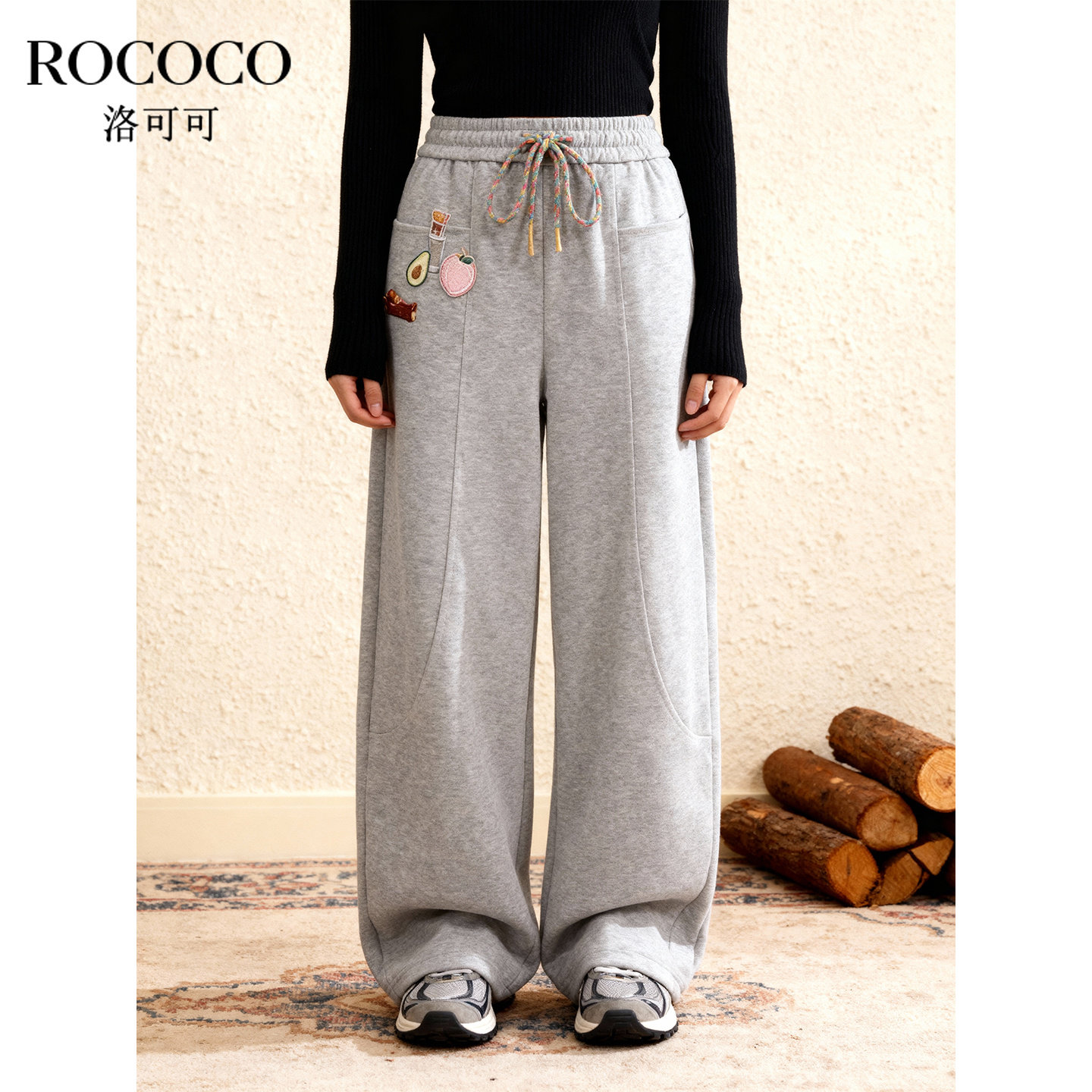 ROCOCO/洛可可2025抽绳彩绳装饰趣味贴布绣休闲舒适慵懒运动裤女