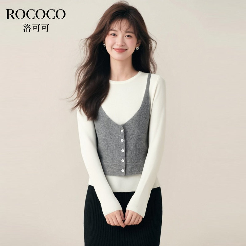 ROCOCO/洛可可撞色吊带叠穿V领假两件秋季设计感长袖针织衫