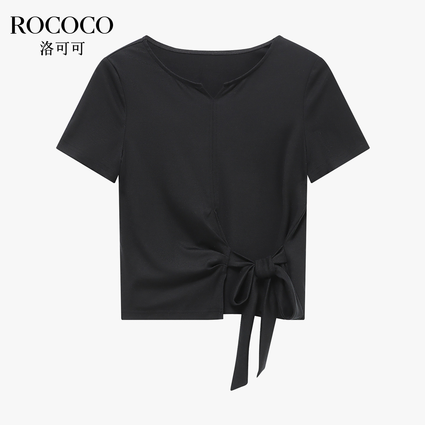 ROCOCO/洛可可莱赛尔黑色圆领T恤女夏季系带设计感短袖上衣