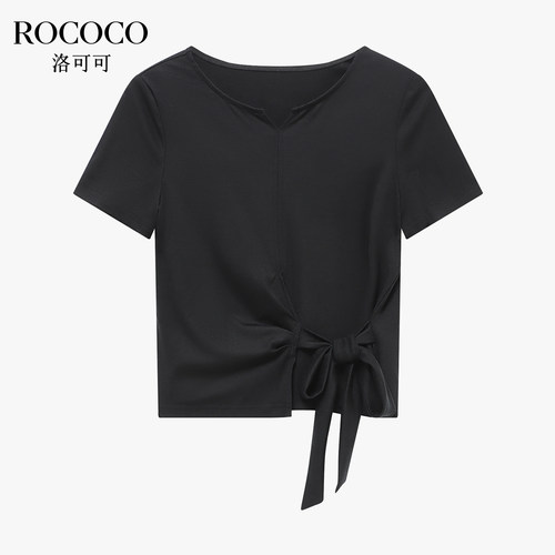 ROCOCO/洛可可莱赛尔黑色圆领T恤女夏季系带设计感短袖上衣
