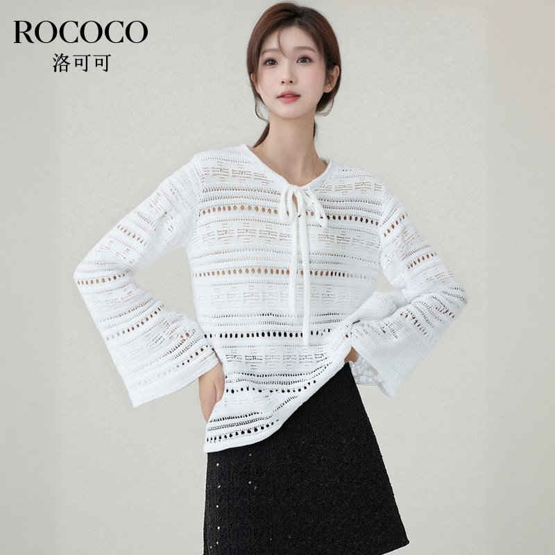 ROCOCO/洛可可法式镂空系带针织衫女春季温柔风白色圆领套头上衣