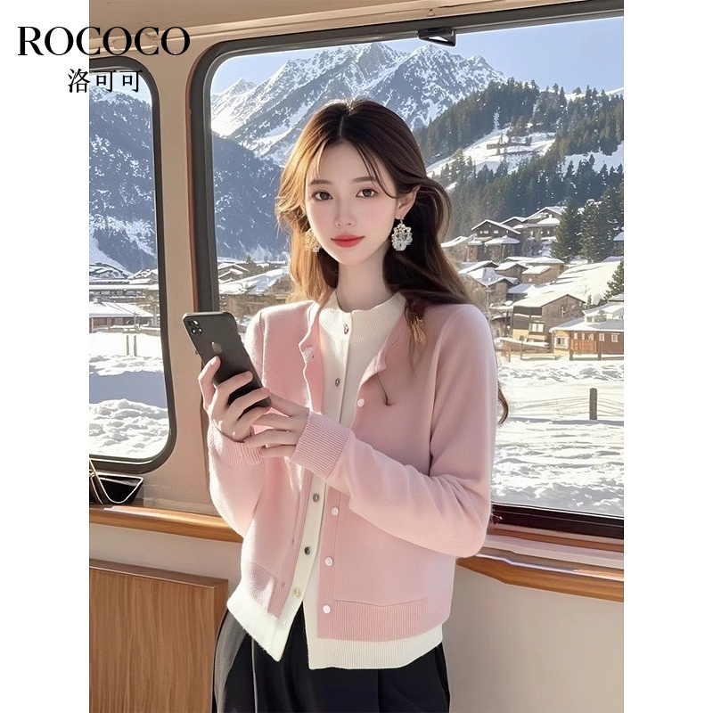 ROCOCO/洛可可绵羊毛假两件针织开衫女2025春季短款撞色圆领上衣