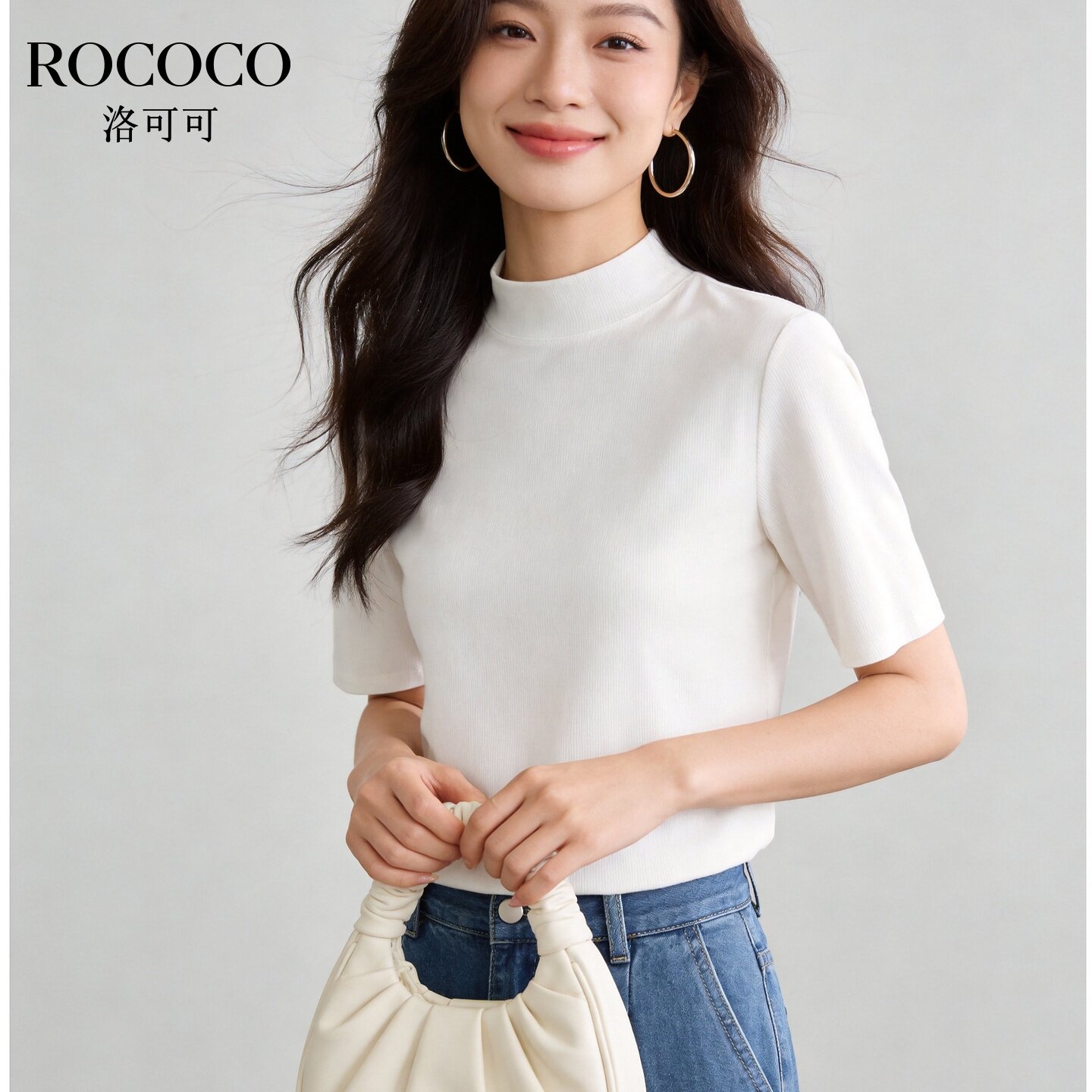 ROCOCO/洛可可黑色半高领中袖T恤女夏修身气质针织打底上衣