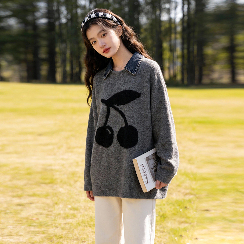 ROCOCO洛可可牛仔领提花毛衣女假两件设计宽松休闲秋冬针织上衣