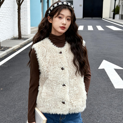 ROCOCO/洛可可毛绒无袖马甲女宽松休闲百搭保暖秋冬背心外套