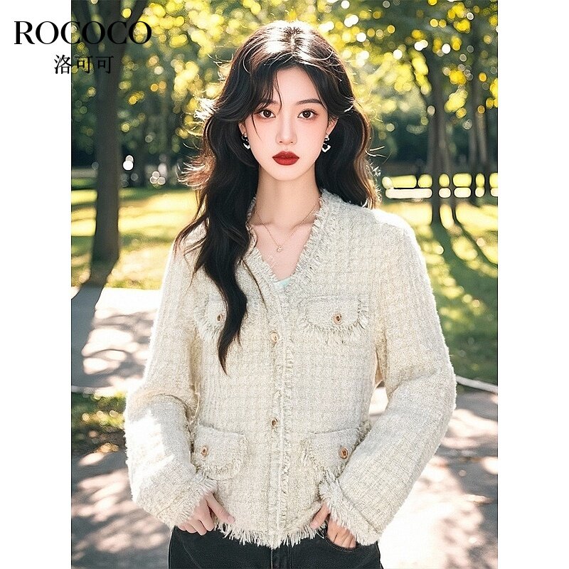 ROCOCO/洛可可小香风粗花呢短款外套秋季新款高级感V领流苏上衣女