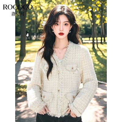 ROCOCO/洛可可小香风粗花呢短款外套秋季新款高级感V领流苏上衣女
