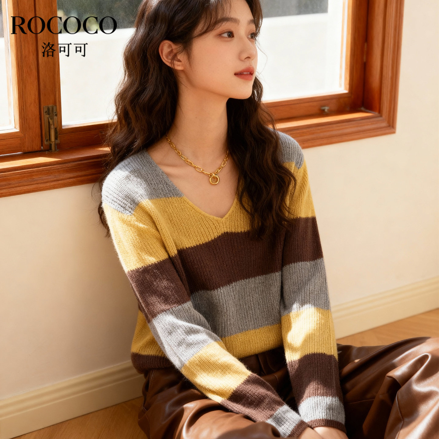 ROCOCO/洛可可2025秋新款条纹V领百搭套头针织衫女宽松慵懒风上衣