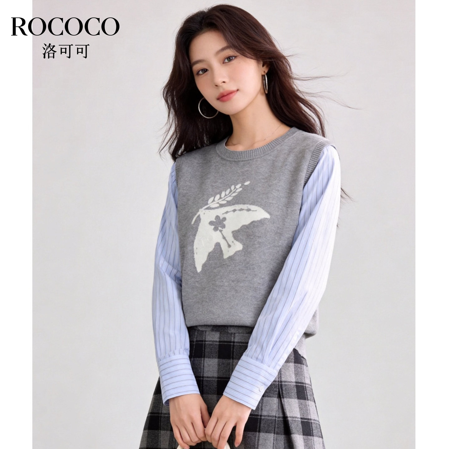 ROCOCO/洛可可条纹衬衫拼接假两件针织衫圆领飞鸟提花上衣女
