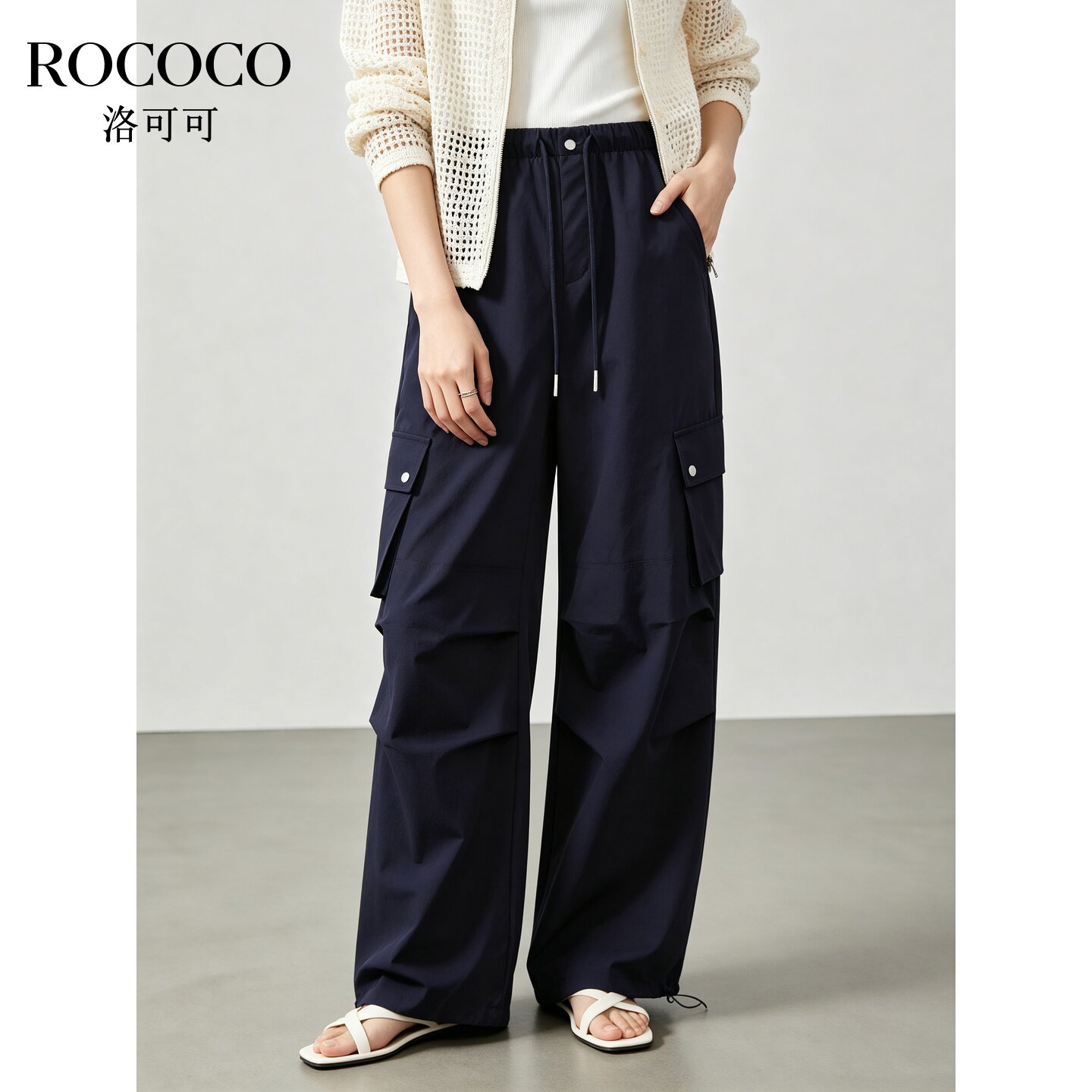 ROCOCO/洛可可工装风多口袋阔腿裤女松紧腰宽松薄款休闲长裤