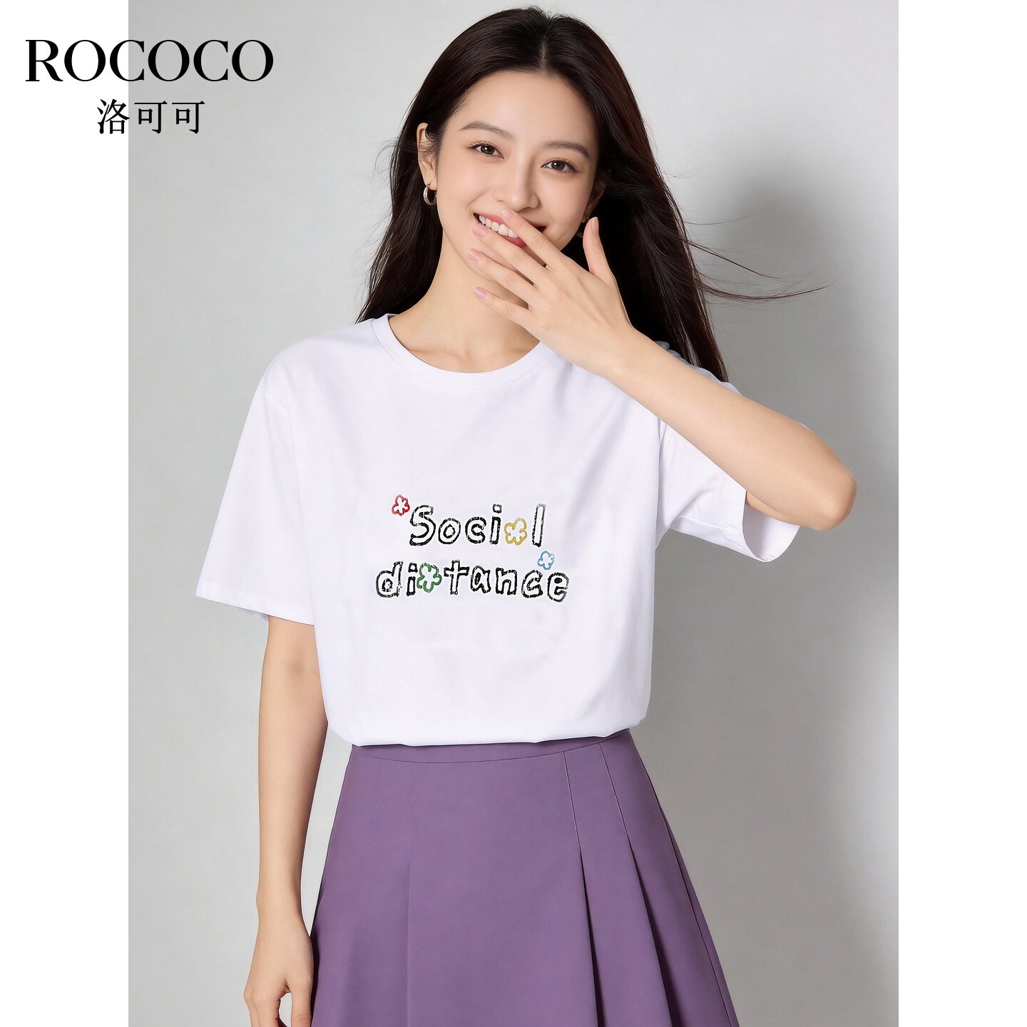 ROCOCO/洛可可韩版宽松显瘦圆领短袖T恤女新款字母印花上衣