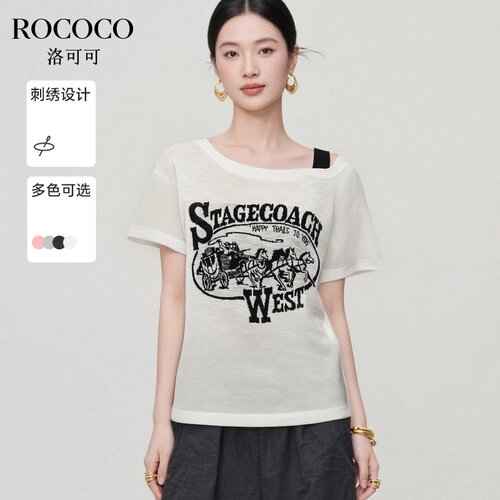 ROCOCO/洛可可刺绣露肩短袖针织衫女夏季新款短款撞色美式上衣