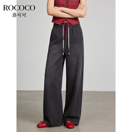 ROCOCO/洛可可蓝色简约抽绳牛仔阔腿裤女夏垂感显瘦直筒长裤