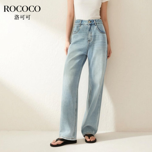 ROCOCO/洛可可基础款高腰直筒牛仔裤秋季新款休闲百搭全棉长裤女
