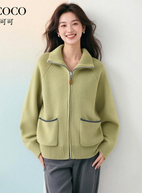 ROCOCO/洛可可翻领拉链毛衣女2025秋季流行慵懒风插肩袖开衫外套