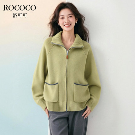 ROCOCO/洛可可翻领拉链毛衣女2025秋季流行慵懒风插肩袖开衫外套