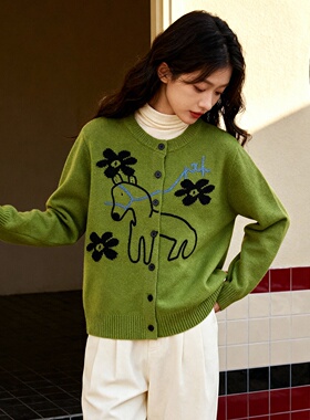 ROCOCO/洛可可小马提花绿色针织开衫女花朵简约休闲春季外套