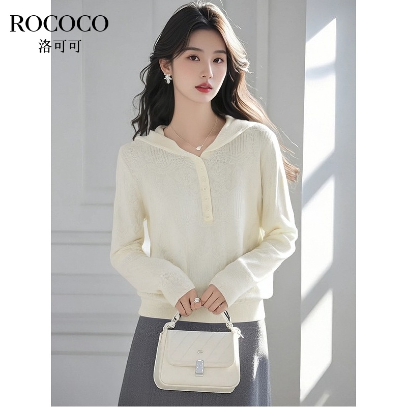 ROCOCO/洛可可绵羊毛提花刺绣上衣女今年春季高级纯色连帽针织衫