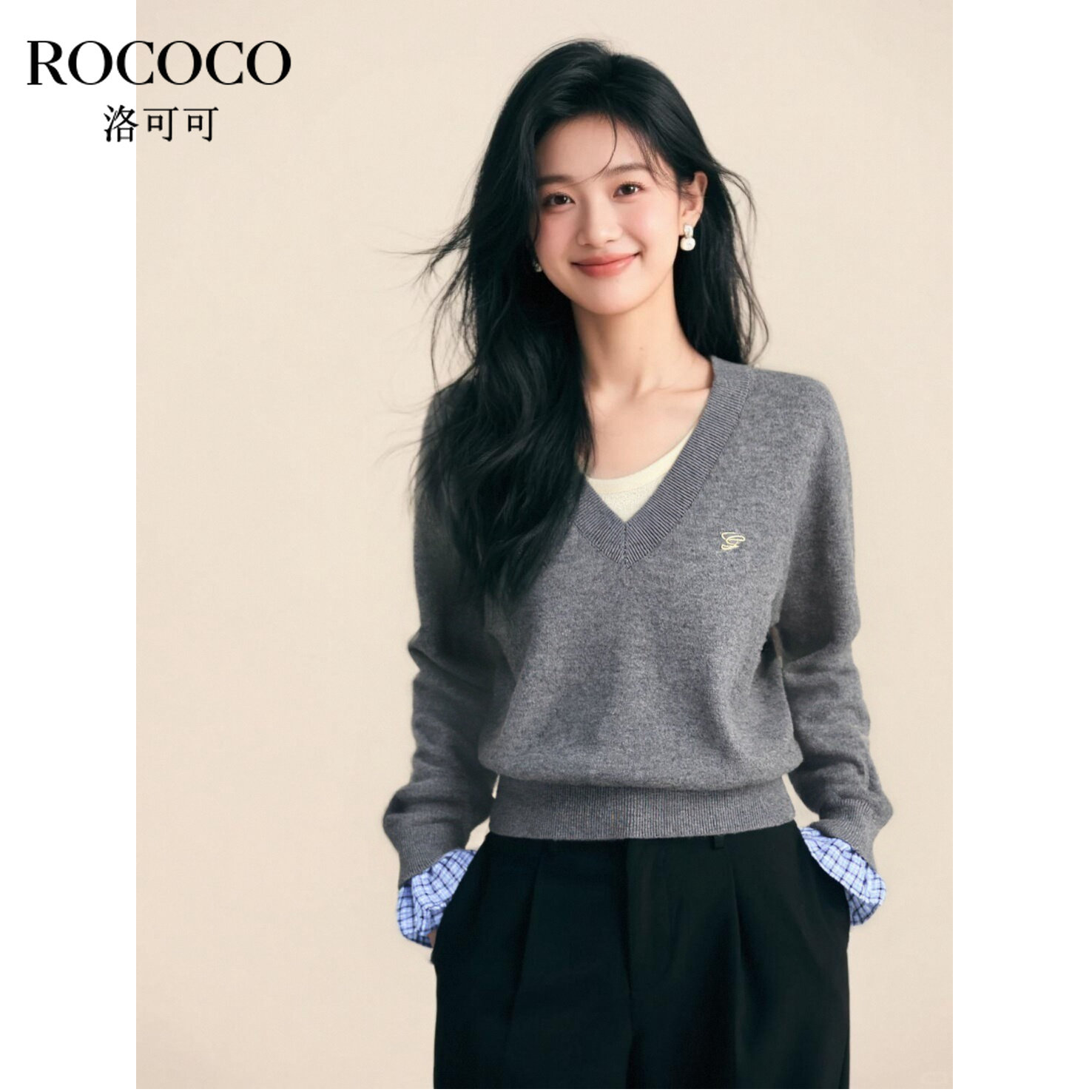 ROCOCO/洛可可格纹拼接袖口假两件针织衫女秋季新款简约刺绣上衣