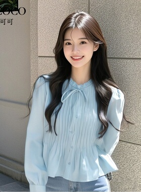 ROCOCO/洛可可花边领压褶衬衫秋季新款设计感蓝色系带短款衬衣女