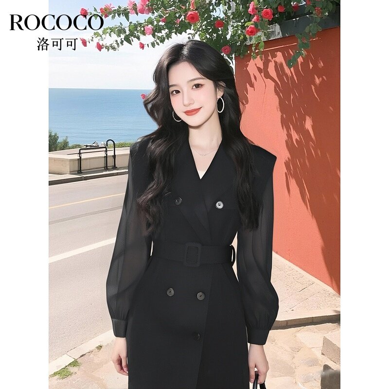 ROCOCO/洛可可黑色中长款翻领风衣夏季新款高级感拼接收腰外套女