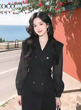 ROCOCO/洛可可黑色中长款翻领风衣夏季新款高级感拼接收腰外套女