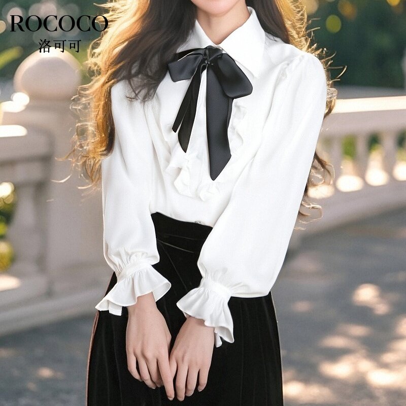 ROCOCO/洛可可法式莱赛尔泡泡袖衬衫今年秋季气质蝴蝶结翻领小衫