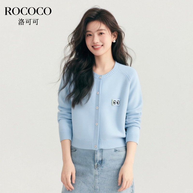 ROCOCO/洛可可卡通刺绣时尚针织开衫2025秋宽松百搭绵羊毛上衣女
