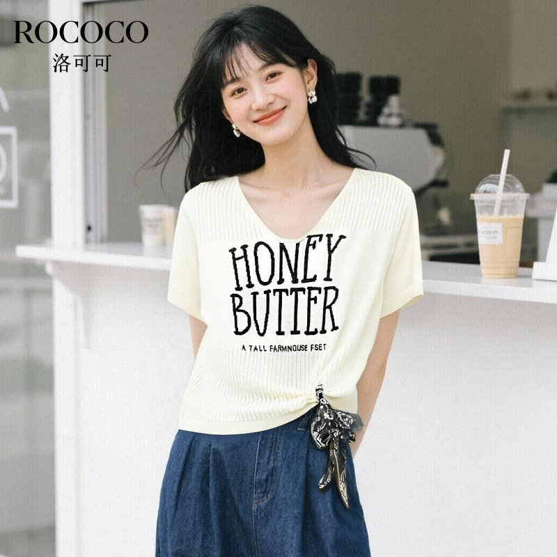 ROCOCO/洛可可V领印花丝带收腰设计宽松透气通勤简约短袖针织衫