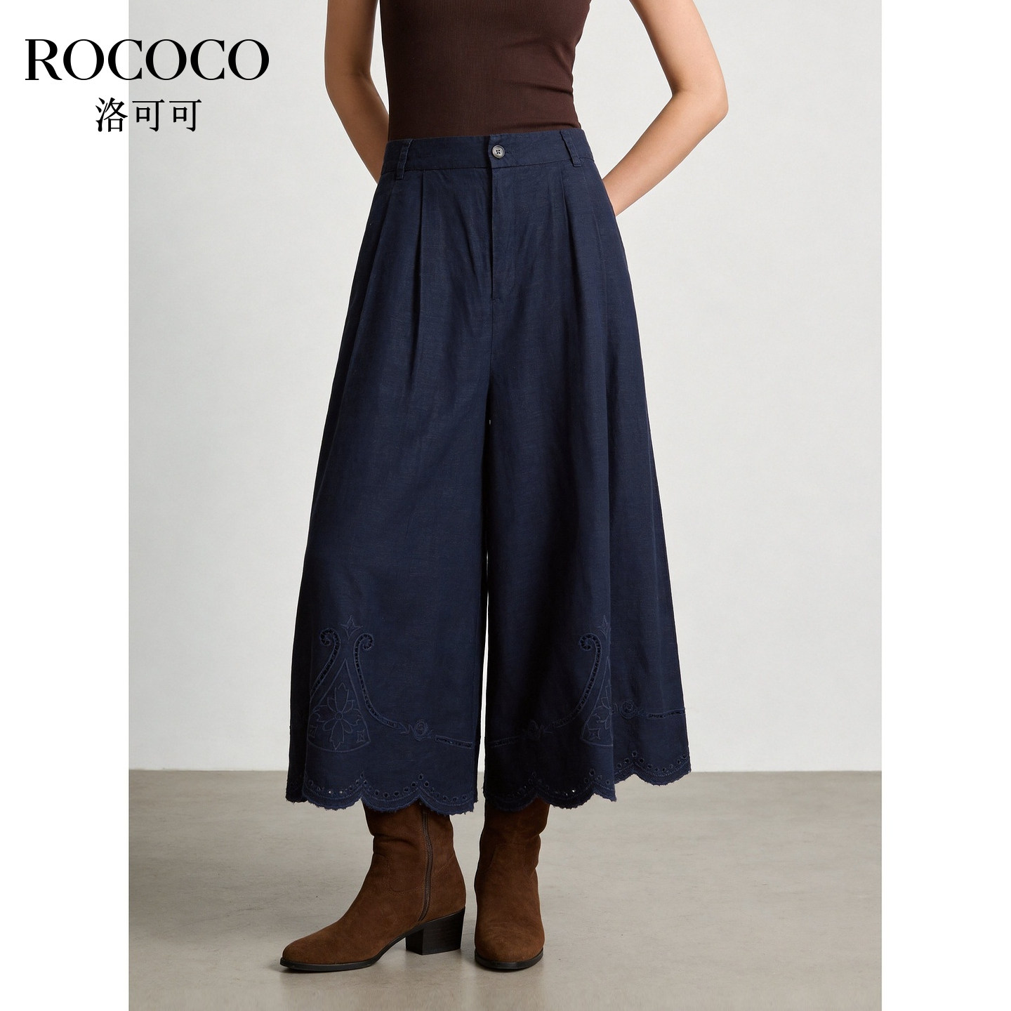 ROCOCO/洛可可莱赛尔高腰白色阔腿裤女镂空花边直筒汉麻长裤