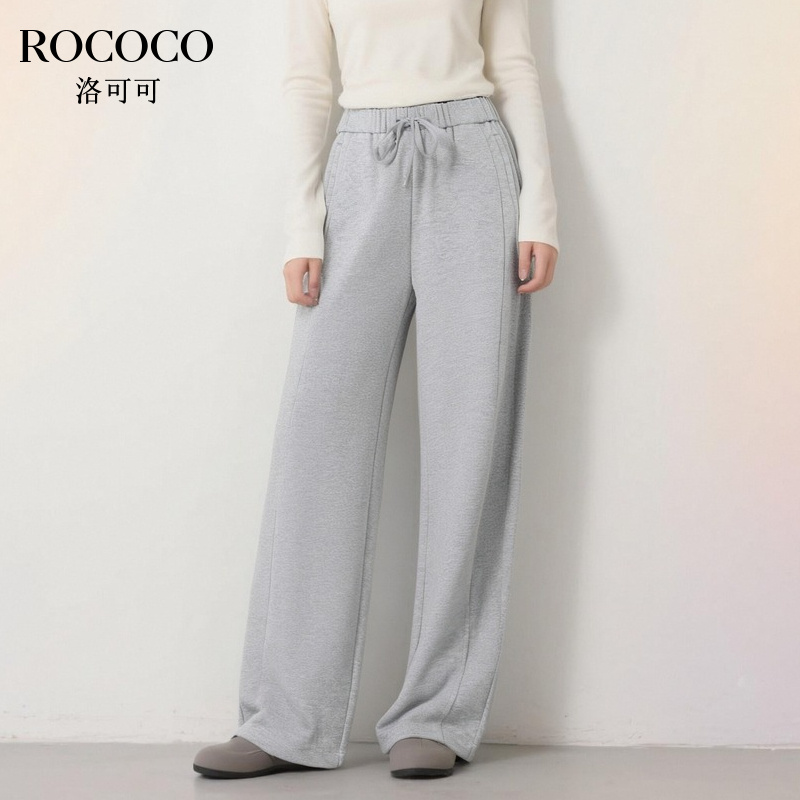 ROCOCO/洛可可抽绳高腰直筒阔腿裤秋季新款设计感宽松显瘦休闲裤