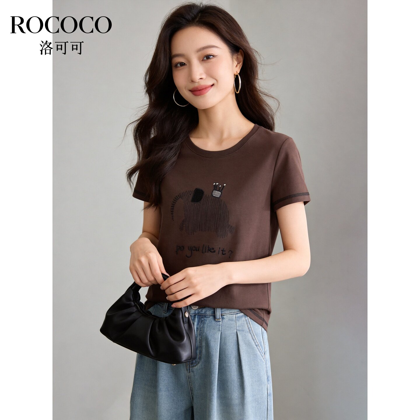 ROCOCO/洛可可纯棉卡通图案短袖T恤女夏季灰色显瘦减龄上衣