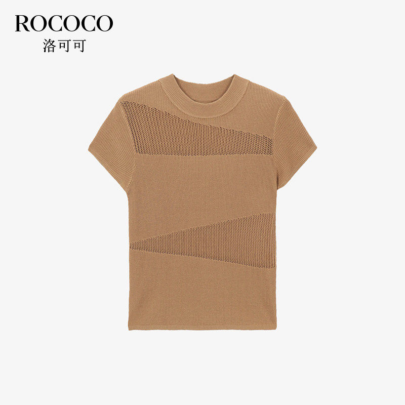 ROCOCO/洛可可天丝纯色镂空短袖针织衫夏季修身显瘦竖坑条上衣女