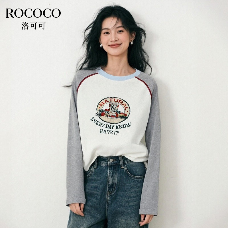 ROCOCO/洛可可拼接撞色印花套头针织衫秋季流行插肩袖长袖上衣女